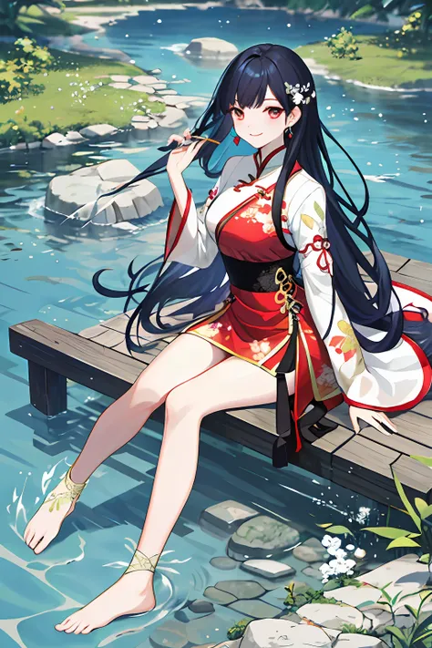 classical，gentleness，Oriental beauty，on cheongsam，blue long hair，ssmile，Cute jewelry，Splash around the river，bare-legged，beautiful weather