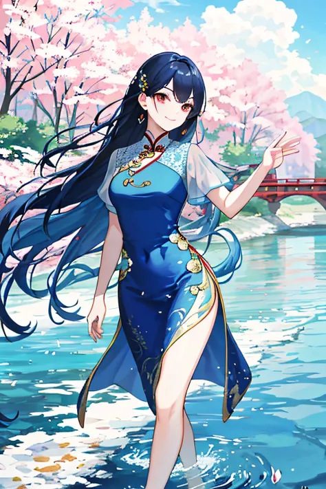 classical，gentleness，Oriental beauty，on cheongsam，blue long hair，ssmile，Cute jewelry，Splash around the river，bare-legged，beautiful weather