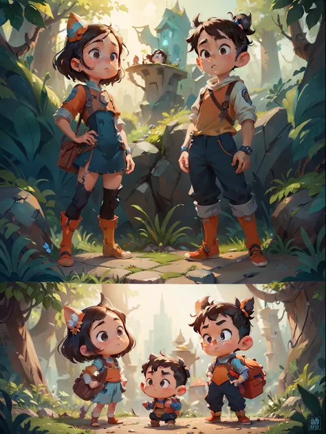 boy and a girl twins, blue and orange, different poses and expressions, different angles, fantasy world, very stylized character design, stylized character design, game character concept art, high quality character design, full character concept art, full ...