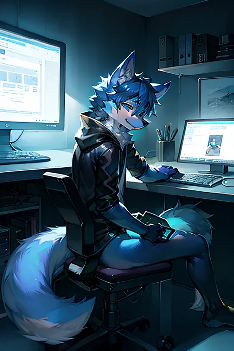 blue fox, sitting at desk, computers, blue and black room