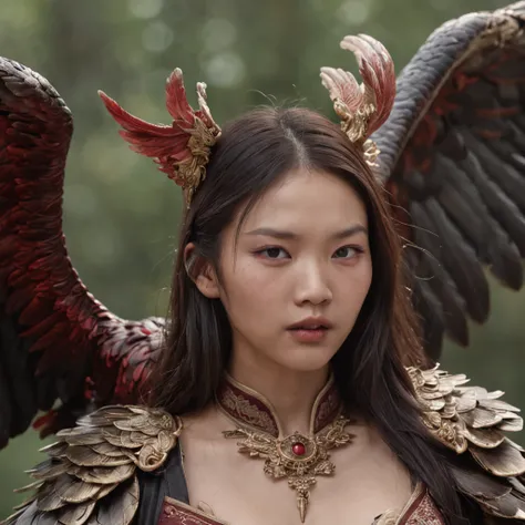 Cinematic image effects，对称，Chinese mythology and stories，Journey，The demon king of the golden-winged eagle，head of an eagle，closeup cleavage，Open your mouth，tosen，Surrounded by bloody skulls，Fierce eyes，Blood，A mouth full of blood，Dripping blood，Puffing，Su...