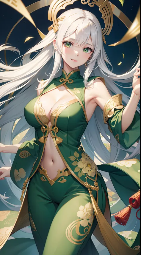 Adult woman, Long white hair, Green eyes, Green Chinese tight top, Chinese beautiful patterns, neckline on the chest, open breasts, baggy pants, Gold Elements, ssmile, Masterpiece, hiquality