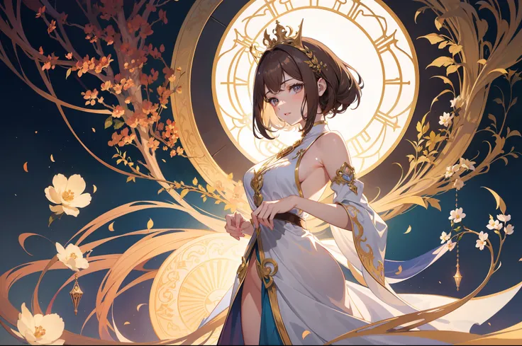 Official Art, Masterpiece European female face,elvish, short hair, chestnut brown hair , brown eyes , Flower Frame ,Decorative panel , jugendstil , (​masterpiece、top-quality、hight resolution: 1.4),in 8K,color splashes、line-drawing、Fibonacci、Drawing of a wo...