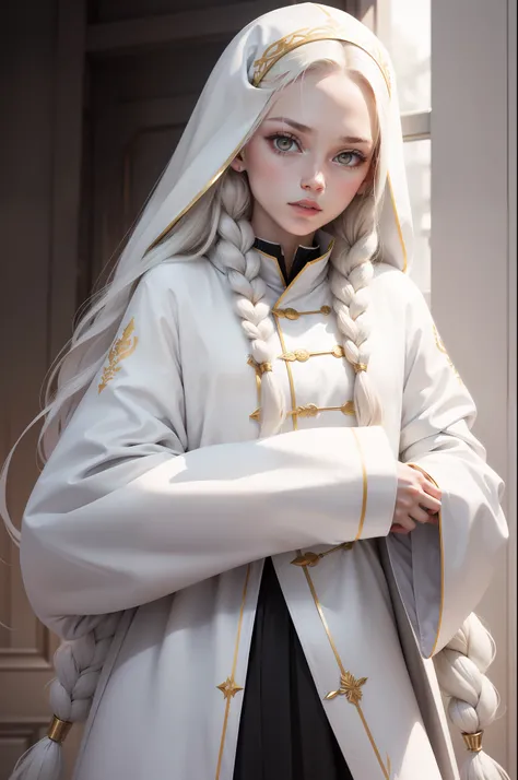 Manteau blanc，white skinned，whaite hair，long braid，Golden eyes，Look up，The upper part of the body，Need，tmasterpiece