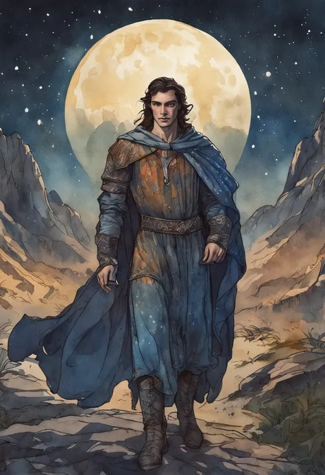 Watercolor of a brunette medieval lord, Age about 20 years, His face was illuminated by the glow of the full moon.