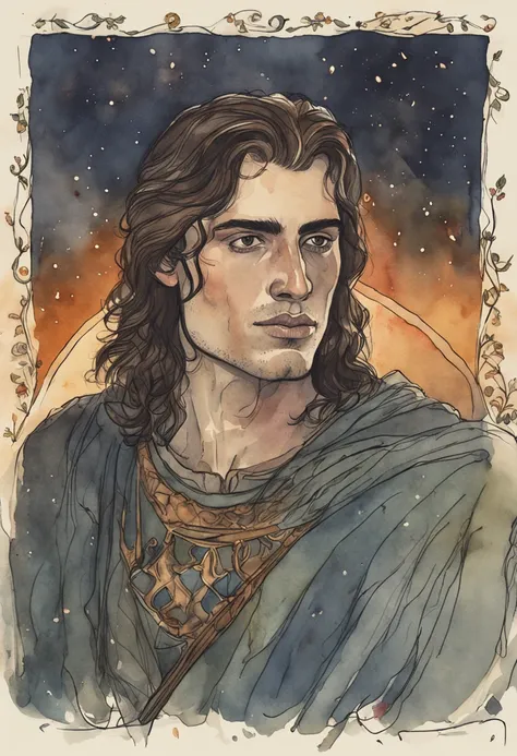 Watercolor of a brunette medieval lord, Age about 20 years, His face was illuminated by the glow of the full moon.