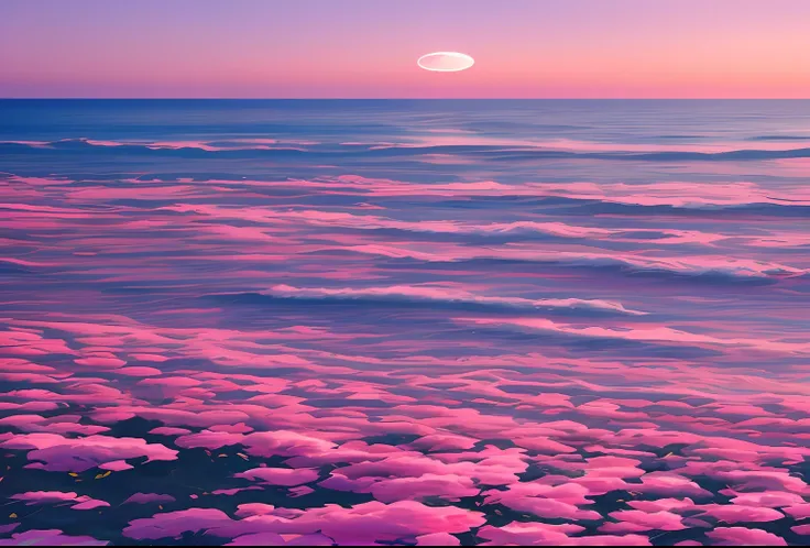 late sunset，Purple flowers grow on the beach, fluffy pink anime clouds, Pink clouds, cotton candy cloud, looking out at a pink ocean, vaporwave surreal ocean, vaporwave ocean, clouds and waves, ​​clouds、Wings and waves, pink clouds in the sky, dramatic pin...