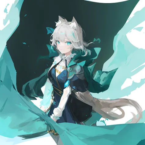 Anime girl wearing blue dress，Armed with a sword and a cloak，In Pisif digital artwork shot in Zero Zen art style。Pisif style game art champion。Beautiful anime Catwoman from《the original god》Wearing a white and cyan dress，The background has a glow。