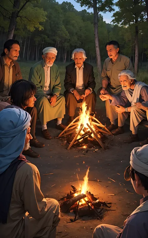 Pashtun tribe gathered around a campfire. Tribal elders are seen discussing the recent developments.]