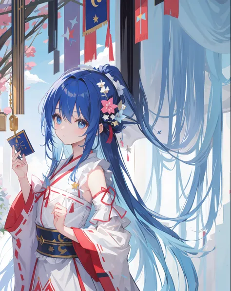 Blue girl with long hair，Flying long hair，afloat，starrysky