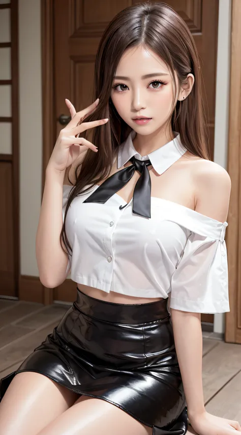 (Best Quality, 8K, masutepiece, Ultra HD: 1.3), 1girl in, small tits ,Light brown hair, Blunt bangs, hair behind ear, hair over shoulder, Long hair,  slender body shape, Ultra Fine Face, Delicate lips, Beautiful eyes, Double eyelids, lipsticks, thin blush ...