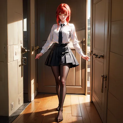 masterpiece, best quality, ultra-detailed, illustration, epic lighting, cinematic composition, isometric, full body view, feet in view, 1girl, solo, cute, golden eyes, red hair, swept bangs, single sidelock, red hairclip, white collared shirt, black neckti...