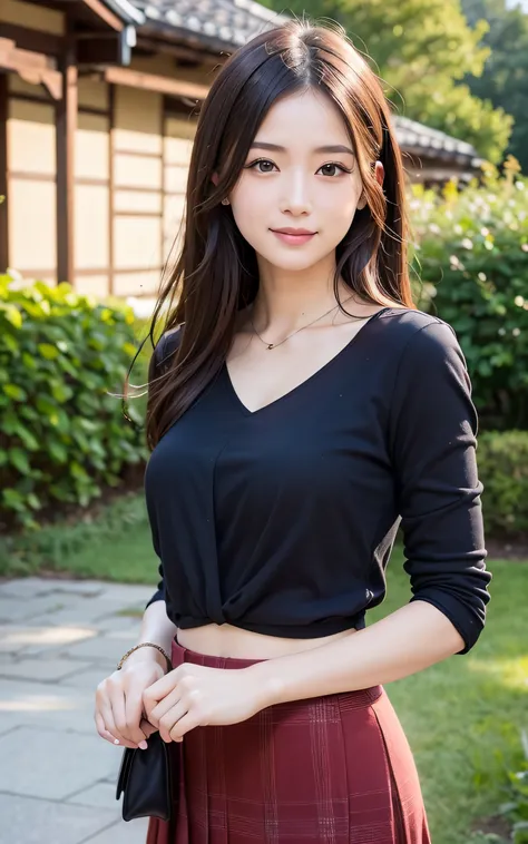 ((top-quality、8k masterpieces:1.3))、(ultra beautiful faces:1.0)、(shinny skin:1.0)、photos realistic、Brown hair,  Shoulder-length straight hair swaying in the wind,  Video Lighting、High-definition eyes and face、Silk Color Blouse、Skirt, 1 japanese girl, Neat ...