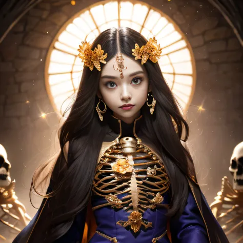 Skeleton Halloween pumpkin style，Wear thick gold-framed reflective sunglasses，32K（tmasterpiece，k hd，hyper HD，32K）Light orange flowing hair，Silver skull jewelry area in the cave，Indigo Skull King ，Skeleton protector （The skeleton is realistic：1.4），Skull pat...