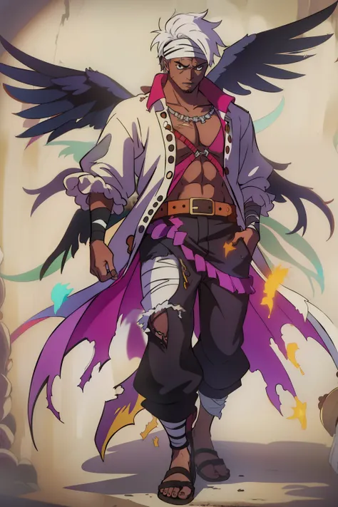 I need a character a young pirate guy, He has white hair with a bandana, dark skin.
Its main feature is the big black wings on its back. His shirt with torn sleeves, with baggy pants with colorful designs and his feet with bandages.