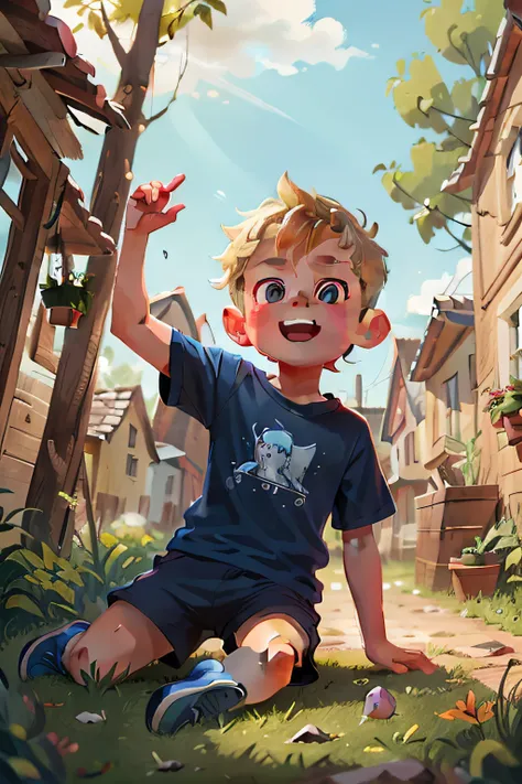 In a small town called Alegriaville, there lived a boy named Pedro, 7 years old, short blond hair, vibrant eyes, wearing a blue T-shirt and black shorts. Pedro loved playing outside and exploring nature. playing with his friends