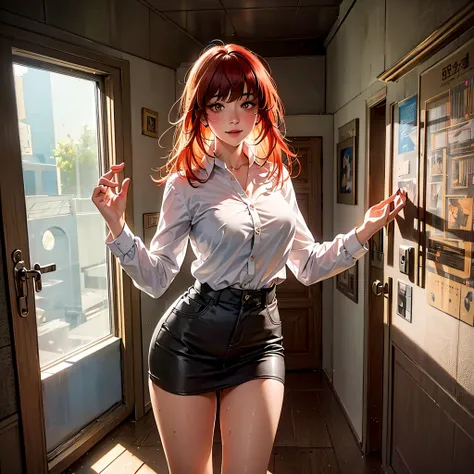 masterpiece, best quality, ultra-detailed, illustration, epic lighting, cinematic composition, isometric, full body view, feet in view, 1girl, solo, cute, golden eyes, red hair, swept bangs, single sidelock, red hairclip, white shirt, no shoes, wet, enchan...