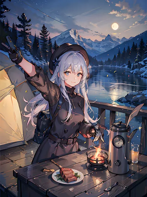 1 woman((upper body selfie, happy)), masterpiece, best quality, ultra-detailed, solo, outdoors, (night), mountains, nature, (stars, moon) cheerful, happy, backpack, sleeping bag, camping stove, water bottle, mountain boots, gloves, sweater, hat, flashlight...