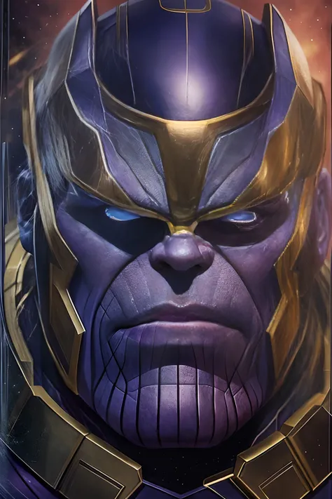 Marvel version of Thanos portrait，（（Infinity rough in hand：1.3）），（josh brolin：1.8）full-body portraits，Fighting posture，Vicious eyes，com rosto detalhado，Slightly vicissitudes，Award-winning photo、Bokeh、，surrealism，Cinematic lighting，shadowing，High details，Hi...