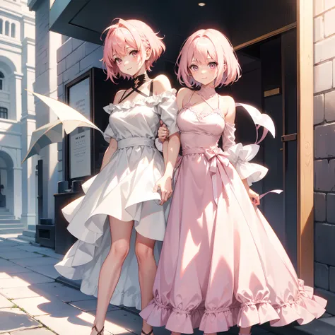 Light pink earless short hair，Pink eyes，The hair is somewhat messy，leaning down，white off shoulder dress clothes，One hand on the waist，tilts your head，Smiled，In the courtyard