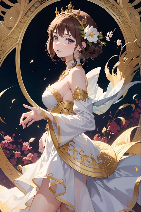 Official Art, Masterpiece European female face,elvish, short hair, chestnut brown hair , brown eyes , Flower Frame ,Decorative panel , jugendstil , (​masterpiece、top-quality、hight resolution: 1.4),in 8K,color splashes、line-drawing、Fibonacci、Drawing of a wo...