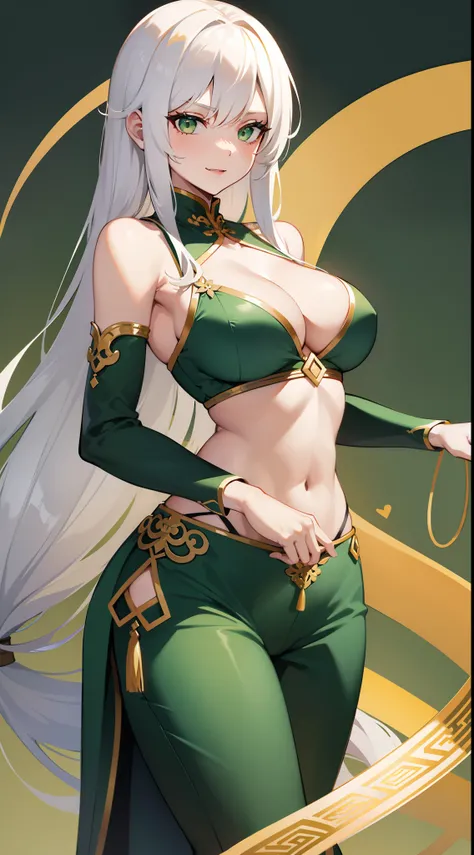 Adult woman, Long white hair, Green eyes, Green Chinese tight top, Chinese beautiful patterns, neckline on the chest, open breasts, baggy pants, Gold Elements, ssmile, Masterpiece, hiquality