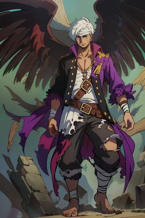 I need a perfect character is a young pirate guy, He has white hair with a bandana, brown skin.
Its main feature is the big black wings on its back. His shirt with torn sleeves, with baggy pants with colorful designs and his feet with bandages.