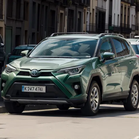 a green Toyota RAV4, parked on a street in Porto in Portugal, sunny day, long distance shot, casual.