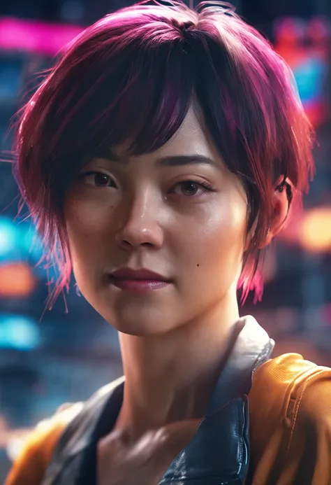 Digital portrait of a Japanese short-haired woman gorgous, beautiful face, intrincado, cinemactic, epic realistic, Motor Unreal 5, gorgeous, Mind-blowing color gradation, trending on ArtStation, fotografia, Cinematic Still Shot, Estilo de Artgerm e Ross de...