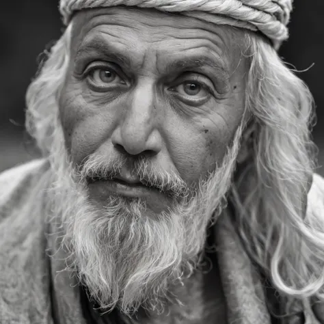 Mature old prophet, Ancient Rome, Eunshin Doshi, Clothes from Roman times, bald, white mustache, piercing gaze,,Black and white photo of a man with a beard and mustache