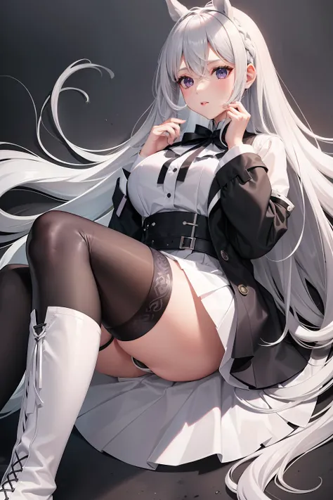 Horse girl，Long silver-white gradient gray hair，purpleeyes，White pleated skirt，White army coat，White stockings on the left leg，Right leg black stockings，Gray low-heeled boots，black glove，