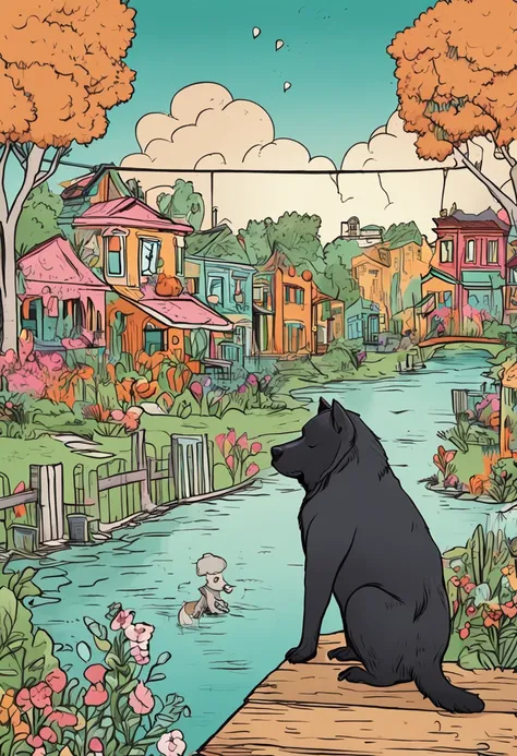 cartoon scene of a city in the middle of the amazon rainforest of an adult black chow chow dog like the one above wanting to jump into the river and an owl on top of the tree with open beak as if talking, trees with flowers and park items, park fenced with...