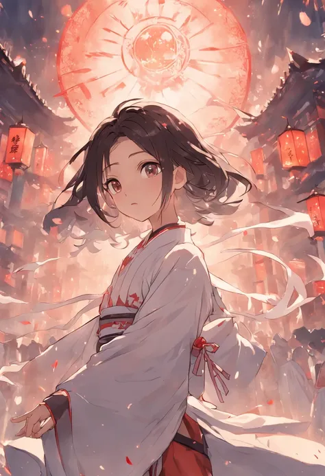 A girl of about fourteen years old，brunette color hair，The upper part of the body，eye closeds，short detailed hair，Wear a short white Hanfu skirt，The ends of the hair flutter in the wind，His right hand is invisible behind his back，Sandwiched between the ind...