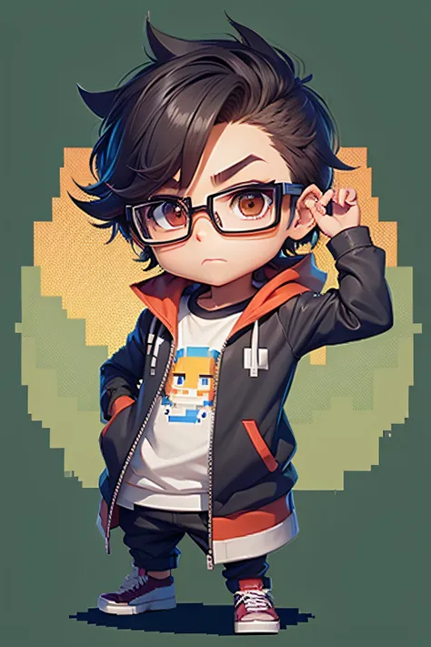 quero um personagem chibi nerd geek feito em pixel art que tenha cabelos e olhos castanhos e use oculos