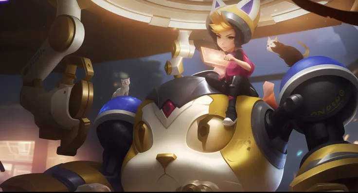 anime character sitting on a giant robot with a cat on top, Splash Art Oficial, League of Legends Arte Splash, iconic character splash art, Splashart de League of Legends, Arte Splash, Teemo, de League of Legends, Arte do personagem de League of Legends, a...