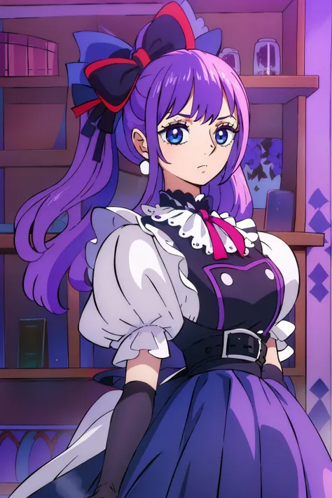 I need a character of a young girl with a Victorian English maid outfit, in darker blue tones, white skin, eyes with vivid purple irises, hair in purple blue tones, with a huge red ribbon bow. Height of 1.60. wears white full arm glove with delicate detail...