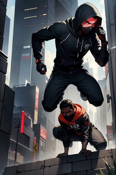 dois personagens, futurista, use of masks and hood, technological city, moletom, nas cores vermelho e preto, camisas corta vento de gola, usando luvas, fazendo parkour correndo na rua, magnifica, dramatic scene, cidade futurista