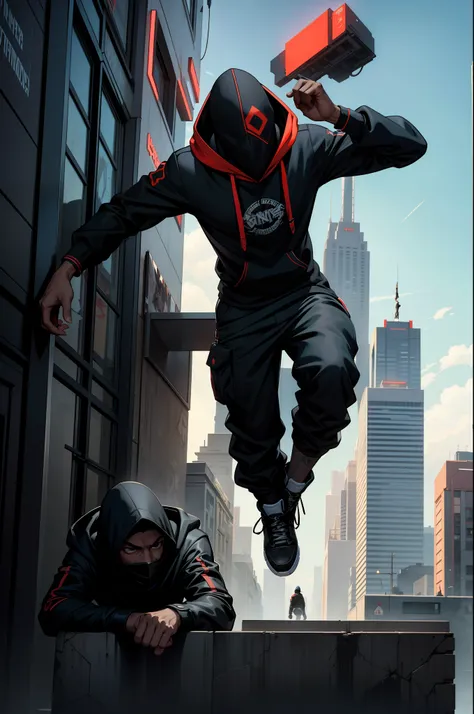 dois personagens, futurista, use of masks and hood, technological city, moletom, nas cores vermelho e preto, camisas corta vento de gola, usando luvas, fazendo parkour correndo na rua, magnifica, dramatic scene, cidade futurista