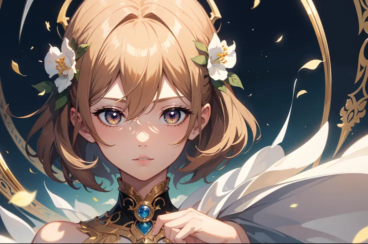 Official Art, Masterpiece European female face,elvish, short hair, lightbrown hair , brown eyes , Flower Frame ,Decorative panel , jugendstil , (​masterpiece、top-quality、hight resolution: 1.4),in 8K, Drawing of a woman with short lightbrown hair, Anime Art...