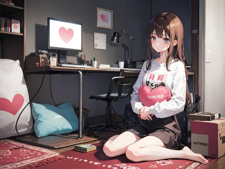 1girl in、22year old、heart-broken、desolate、sitting down on the floor、accurately、Delicately、sad Facial expression、Brown hair、a room、Heart cushion、Anime-like、illustratio