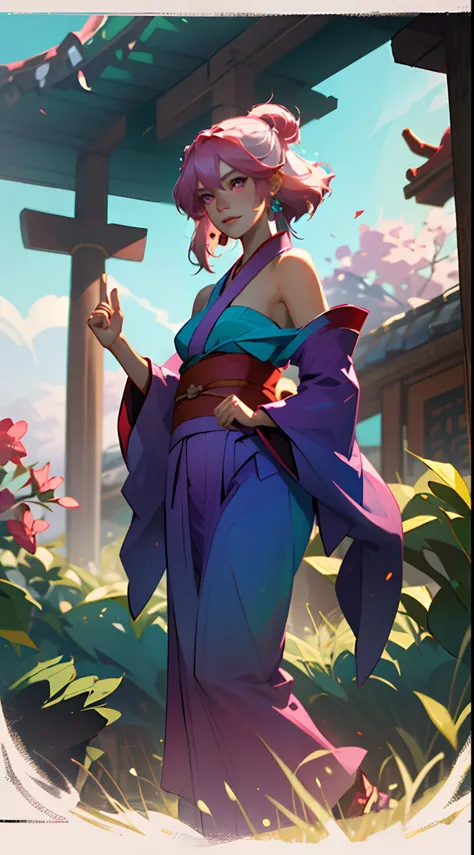 Yae Miko, 1girl, n/, beast ear, cropped shoulders, Blushlush, beauty breast, SakuraNS, Closed-Mouth, the sleeve, 耳Nipple Ring, florals, Fox ears, Pedras preciosas, Hair between the eyes, hair adornments, Raise Hand, Daily service,jewely，komono，long whitr h...