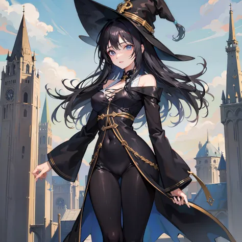 anime girl, black hair, wizard tower, full body shot, sexy, skinny, black leggings