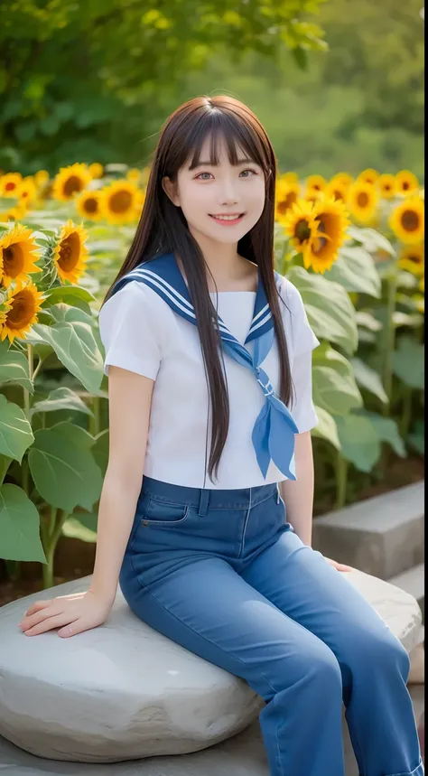 A smiling girl，In sailor suit，Denim trousers，sitting on a large stone，There are a lot of sunflowers around，com rosto detalhado，The eyes are delicate，The photo quality is the best，Realistic image quality，Background diffuse lighting，Depth of field display。