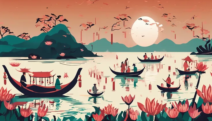 obra-prima, melhor qualidade, estilo de artes marciais chinesas, an Asian night scene with lanterns and water lilies, Asian lagoon with many lanterns and boats night scene with many lights and boats on the water, Lake surface, lotus flowers, bela cena notu...