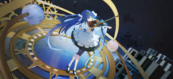 Blue hair Wearing white skirt Girl Universe and Earth Stand on the time plate and play the violin