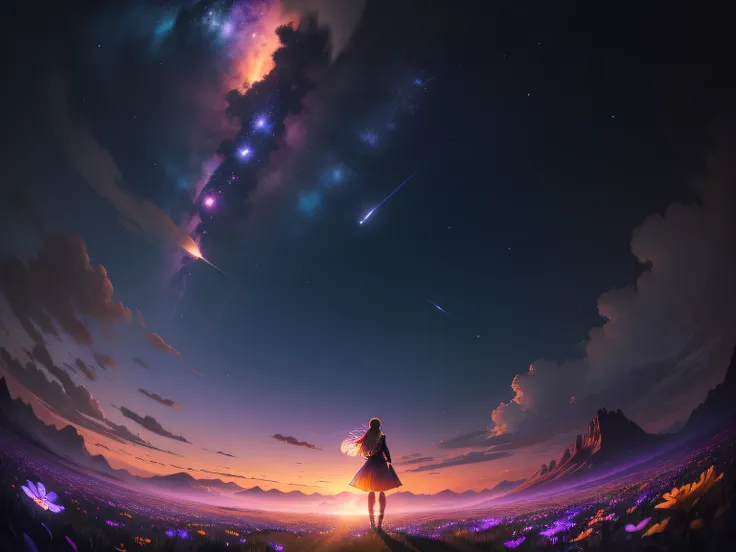 Vast landscape photo, (viewed from below, the sky is above and the open field is below), a girl standing on a flower field looking up, (full moon: 1.2), (meteor: 0.9), (nebula: 1.3), distant mountains , Trees BREAK Crafting Art, (Warm Light: 1.2), (Firefli...