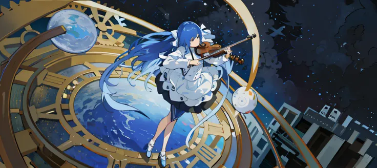 Blue hair wearing white skirt Girl Universe and Earth standing on the wheel of time playing violin