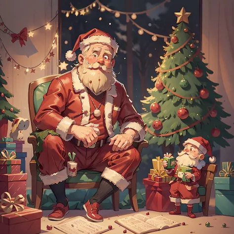 A Santa Claus who is giving presents, night, cartoon illustration style, vintage tones, Christmas tree