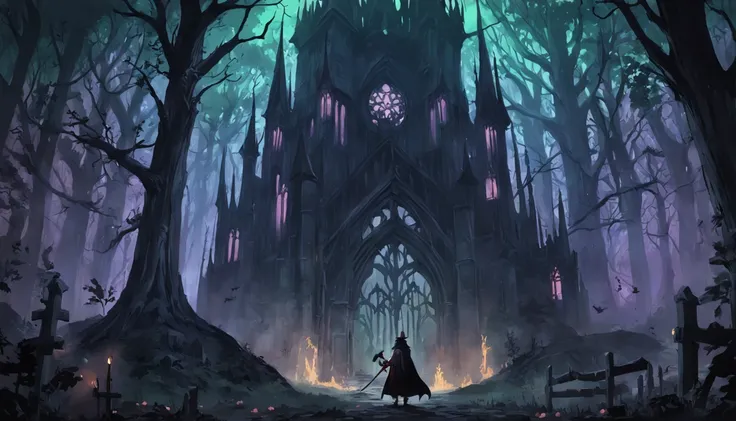 There is a magician in a forest with a full moon in the background, gothic forest, Fundo escuro da floresta, Castlevania Inspirado, Dark forest scenery, Fundo sombrio da floresta, fundo da floresta, fundo escuro da floresta pastel, inside an epic gothic fo...