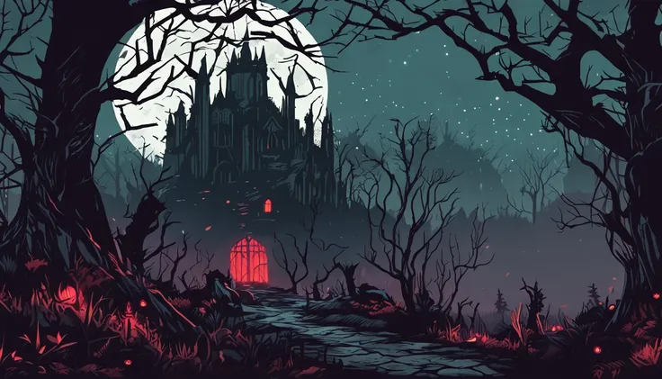 There is a magician in a forest with a full moon in the background, gothic forest, Fundo escuro da floresta, Castlevania Inspirado, Dark forest scenery, Fundo sombrio da floresta, fundo da floresta, fundo escuro da floresta pastel, inside an epic gothic fo...